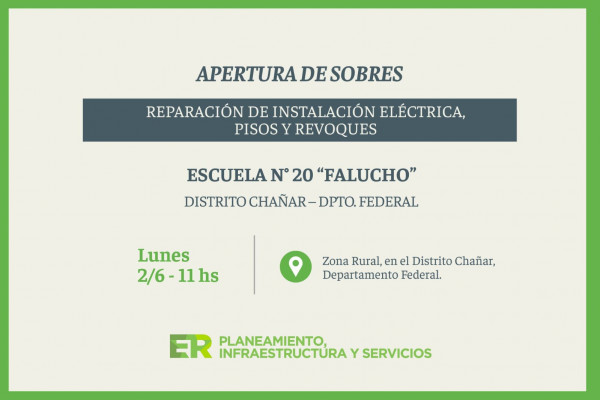 Este lunes se abrirán los sobres para renovar la instalación eléctrica en la Escuela Nº 20 “Falucho” de Distrito Chañar