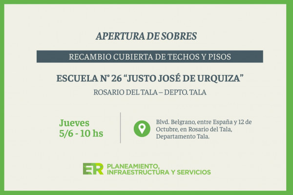 El próximo jueves en Rosario del Tala, se abrirán los sobres para solucionar problemas de filtraciones en la Escuela Nº 26