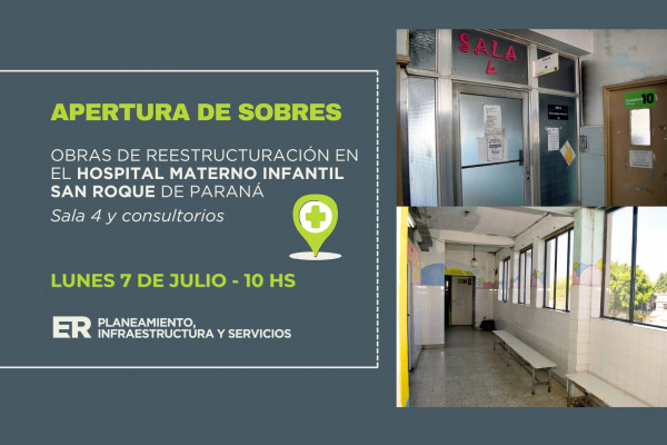 Este lunes el gobierno provincial licitará una obra para mejorar la infraestructura del Hospital San Roque de Paraná