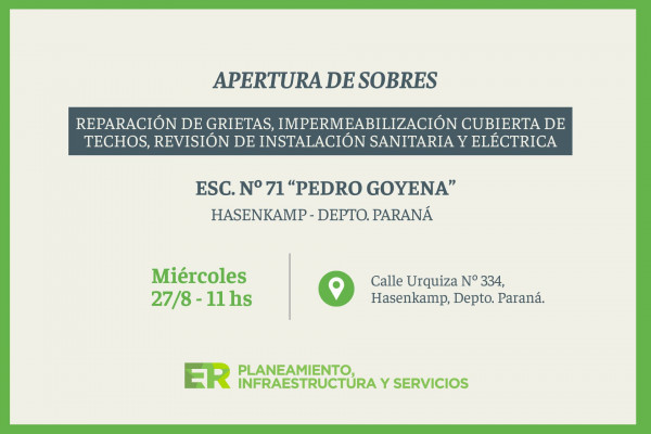 Nueva inversión en educación: mejoras edilicias en la Escuela Nº 71 Hasenkamp, en el departamento Paraná