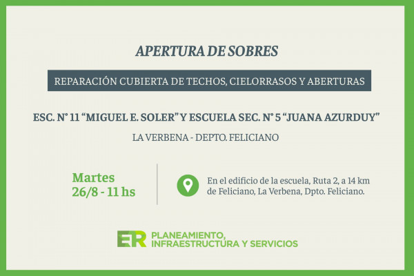 El Gobierno de Entre Ríos invertirá más de 38 millones en la reparación de la Escuela Nº 11 de La Verbena