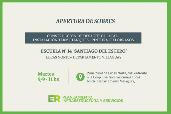 La provincia abrirá sobres para ejecutar obras en una escuela de Lucas Norte