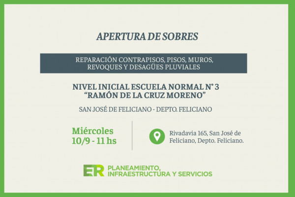 Se abriran sobres para reparaciones en el Nivel Inicial de la Escuela Normal de San José de Feliciano