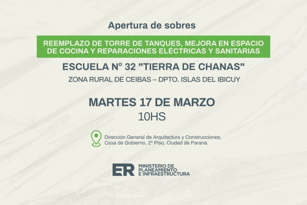 Se realizará la apertura de sobres para ejecutar obras en escuela de Ceibas