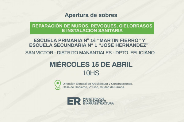 Se abrirán sobres para reparaciones edilicias en establecimiento escolar del departamento Feliciano