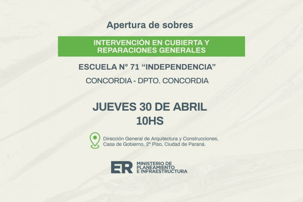 Se abrirán sobres para intervenciones edilicias en escuela de Concordia